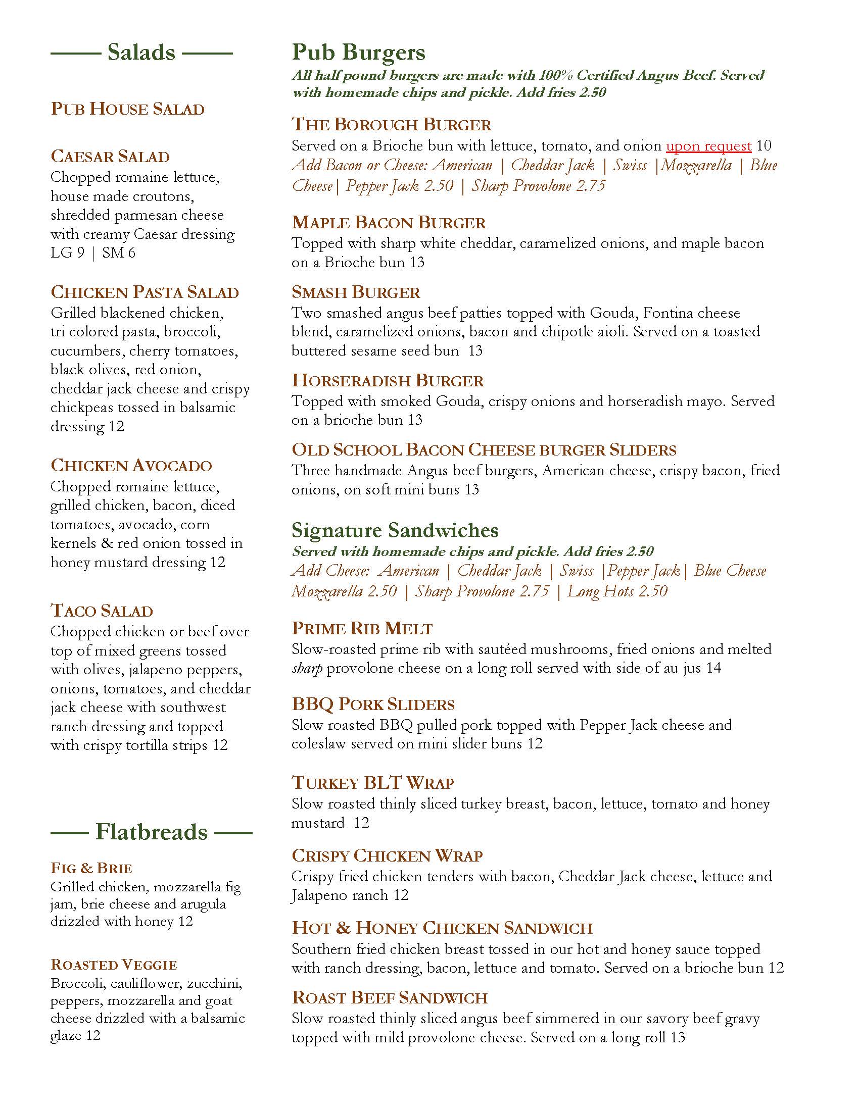A menu for a restaurant with green and brown colors.